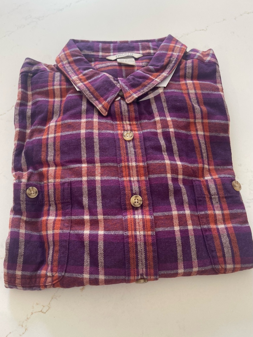 Duluth Trading Co Purple Plaid Flannel Button-Down Shirt with Orange Accents